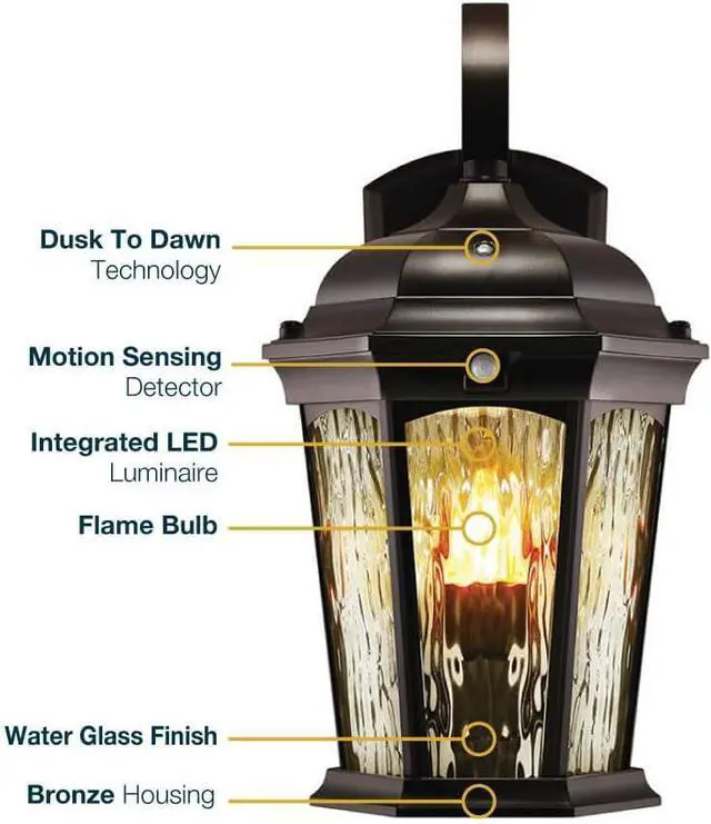 Alt view image 2 of 6 - Euri Lighting EFL-130W-MD Flickering Flame Porch Light, Water Glass, with Integrated Security Light (3000K), Motion-Sensor, Dusk-to-Dawn, Oil Rubbed Bronze Housing