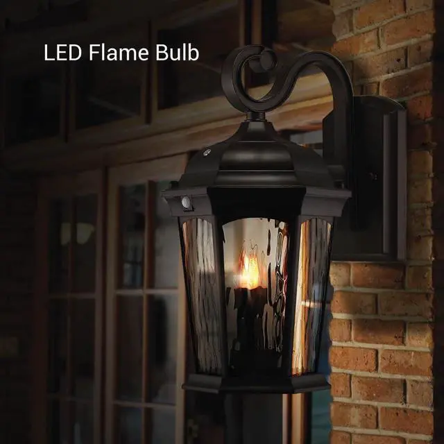 Alt view image 3 of 6 - Euri Lighting EFL-130W-MD Flickering Flame Porch Light, Water Glass, with Integrated Security Light (3000K), Motion-Sensor, Dusk-to-Dawn, Oil Rubbed Bronze Housing