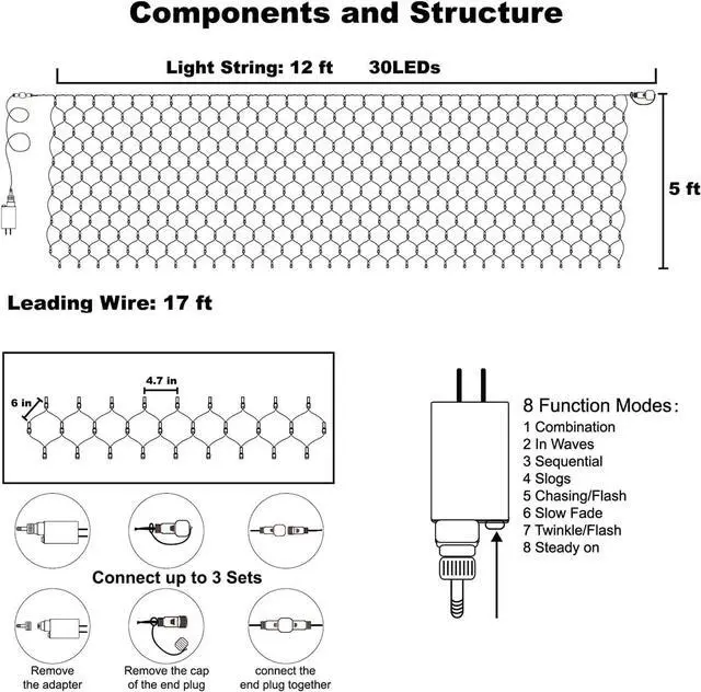 Alt view image 4 of 6 - WATERGLIDE Outdoor Christmas Net Lights, 12FT x 5FT 360 LED Mesh String Light with 8 Lighting Modes, Connectable Waterproof Lights for Garden Tree Bushes, Holiday Wedding Party Decorations, White