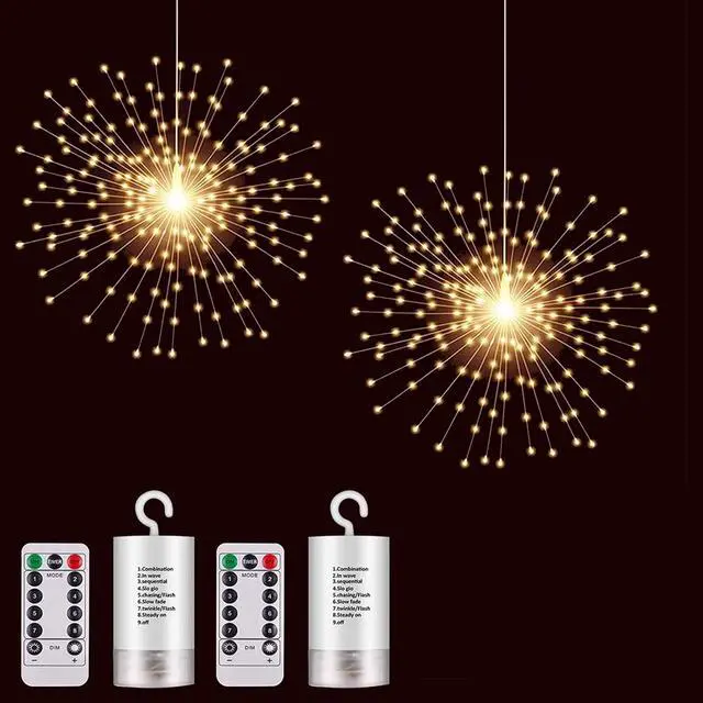 Main image of 2 Pack Hanging Decor Lights,200 LED Battery Powered Fairy Light, Fireworks Light with Remote, Waterproof Starburst Lights for Gardens Courtyards Christmas Festive Wedding Parties (Warm White)