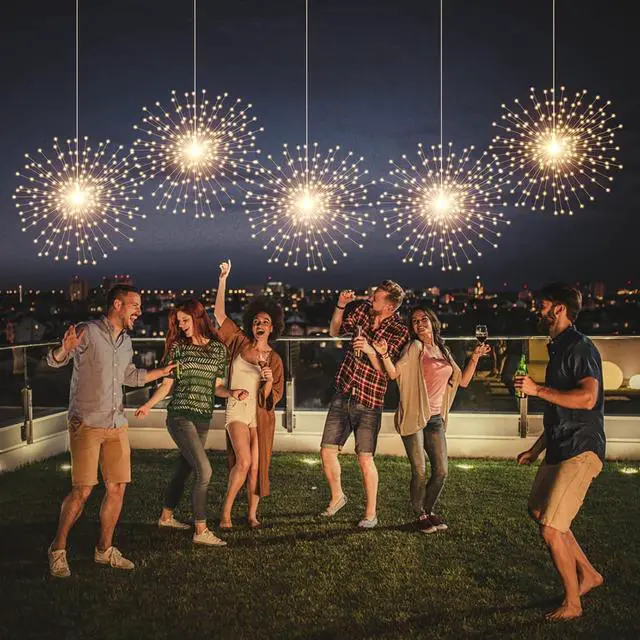 Alt view image 3 of 6 - 2 Pack Hanging Decor Lights,200 LED Battery Powered Fairy Light, Fireworks Light with Remote, Waterproof Starburst Lights for Gardens Courtyards Christmas Festive Wedding Parties (Warm White)