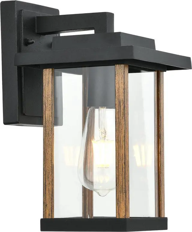 Main image of Outdoor Wall Sconce, Outside Porch Light Fixtures, Wall Mount Anti-Rust Exterior Wall Lights in Wood Grain Finish & Black Finish with Clear Glass for Garage Doorway Entryway
