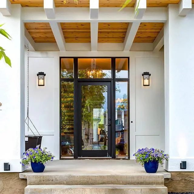 Alt view image 2 of 7 - Outdoor Wall Sconce, Outside Porch Light Fixtures, Wall Mount Anti-Rust Exterior Wall Lights in Wood Grain Finish & Black Finish with Clear Glass for Garage Doorway Entryway