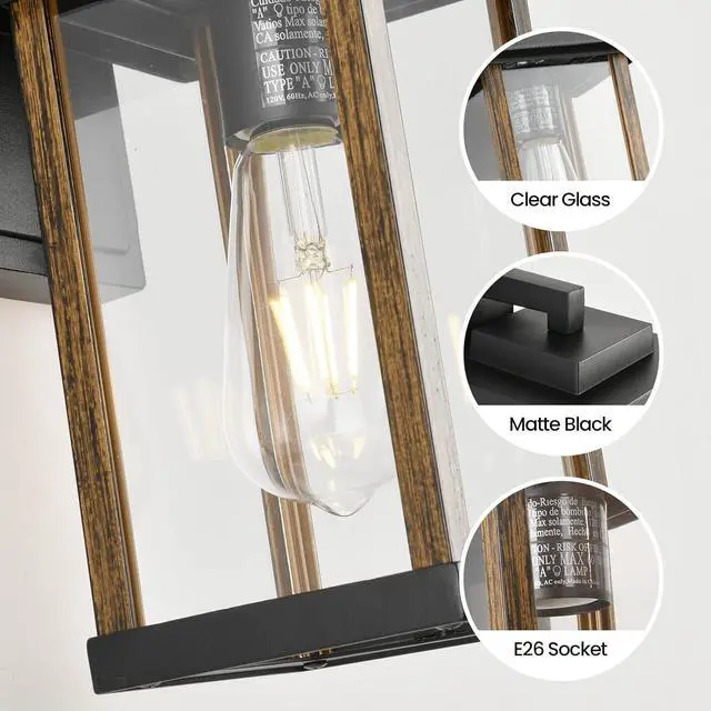 Alt view image 3 of 7 - Outdoor Wall Sconce, Outside Porch Light Fixtures, Wall Mount Anti-Rust Exterior Wall Lights in Wood Grain Finish & Black Finish with Clear Glass for Garage Doorway Entryway