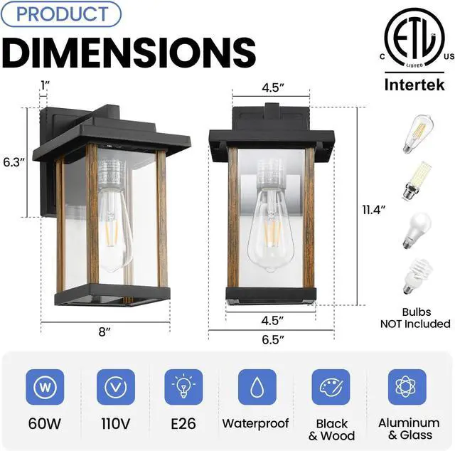 Alt view image 4 of 7 - Outdoor Wall Sconce, Outside Porch Light Fixtures, Wall Mount Anti-Rust Exterior Wall Lights in Wood Grain Finish & Black Finish with Clear Glass for Garage Doorway Entryway