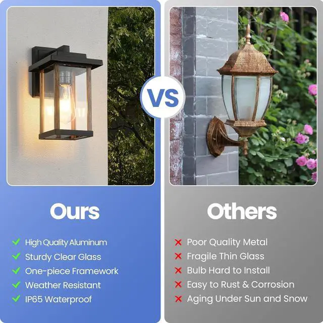 Alt view image 5 of 7 - Outdoor Wall Sconce, Outside Porch Light Fixtures, Wall Mount Anti-Rust Exterior Wall Lights in Wood Grain Finish & Black Finish with Clear Glass for Garage Doorway Entryway