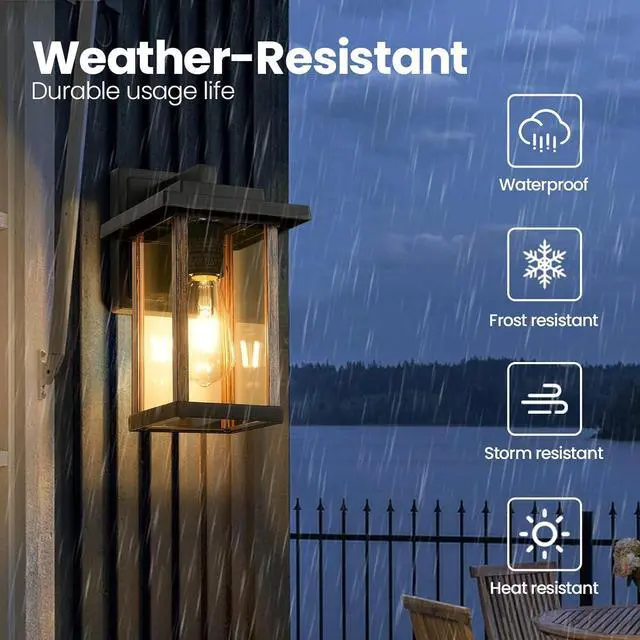 Alt view image 6 of 7 - Outdoor Wall Sconce, Outside Porch Light Fixtures, Wall Mount Anti-Rust Exterior Wall Lights in Wood Grain Finish & Black Finish with Clear Glass for Garage Doorway Entryway