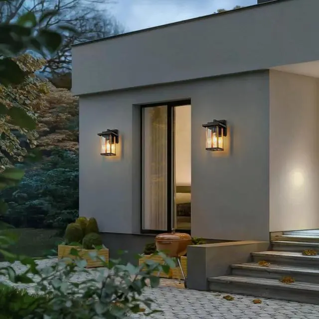 Alt view image 7 of 7 - Outdoor Wall Sconce, Outside Porch Light Fixtures, Wall Mount Anti-Rust Exterior Wall Lights in Wood Grain Finish & Black Finish with Clear Glass for Garage Doorway Entryway