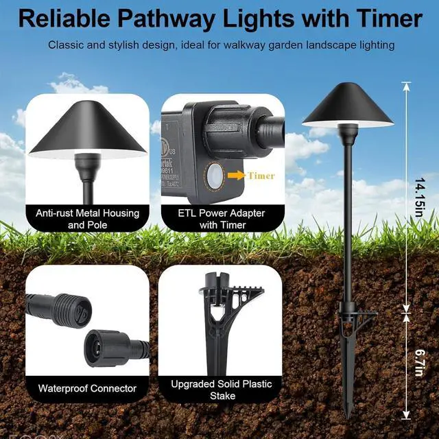 Alt view image 3 of 7 - Low Voltage Pathway Lights with Timer, 4H/6H/8H Auto On/Off Low Voltage Landscape Lighting 3000K Waterproof Landscape Path Lights for Flower Bed Backyard Walkway Driveway, Set of 6