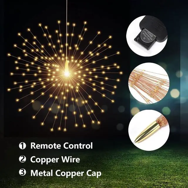 Alt view image 4 of 6 - 2 Pack Hanging Decor Lights,200 LED Battery Powered Fairy Light, Fireworks Light with Remote, Waterproof Starburst Lights for Gardens Courtyards Christmas Festive Wedding Parties (Warm White)