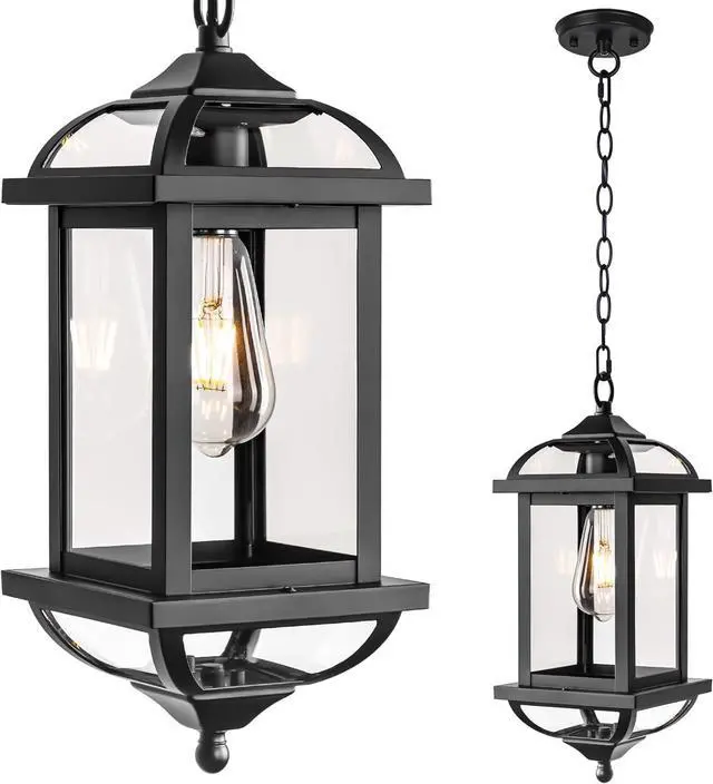 Main image of Large Outdoor Pendant Light Fixture Ceiling 16 Inch, Anti-Rust Aluminum Outdoor Chandelier for Porch with IP65 Waterproof Clear Glass Exterior Ceiling Mount Hanging Light, Matte Black