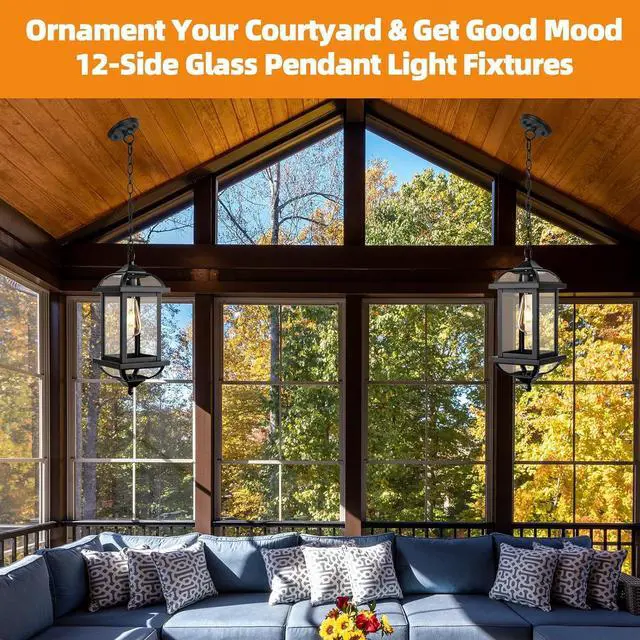 Alt view image 2 of 7 - Large Outdoor Pendant Light Fixture Ceiling 16 Inch, Anti-Rust Aluminum Outdoor Chandelier for Porch with IP65 Waterproof Clear Glass Exterior Ceiling Mount Hanging Light, Matte Black