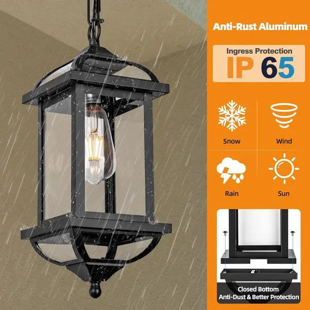Alt view image 4 of 7 - Large Outdoor Pendant Light Fixture Ceiling 16 Inch, Anti-Rust Aluminum Outdoor Chandelier for Porch with IP65 Waterproof Clear Glass Exterior Ceiling Mount Hanging Light, Matte Black