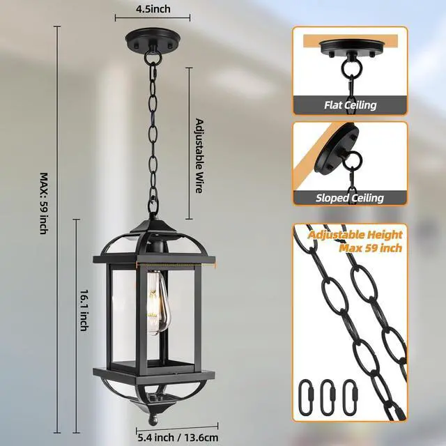 Alt view image 6 of 7 - Large Outdoor Pendant Light Fixture Ceiling 16 Inch, Anti-Rust Aluminum Outdoor Chandelier for Porch with IP65 Waterproof Clear Glass Exterior Ceiling Mount Hanging Light, Matte Black