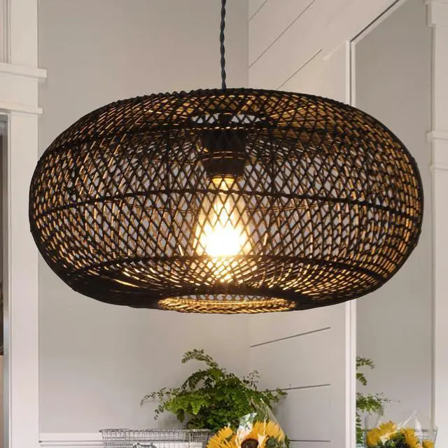 Main image of Rattan Pendant Light 15.75" 1-Light Hand-Woven Bamboo Rattan Hanging Lamp Large Globe Wicker Chandelier Modern Bohemian Adjustable Pendant Lamp for Kitchen Island Farmhouse Outdoor Porch Black.