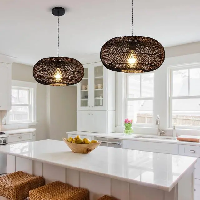 Alt view image 2 of 7 - Rattan Pendant Light 15.75" 1-Light Hand-Woven Bamboo Rattan Hanging Lamp Large Globe Wicker Chandelier Modern Bohemian Adjustable Pendant Lamp for Kitchen Island Farmhouse Outdoor Porch Black.