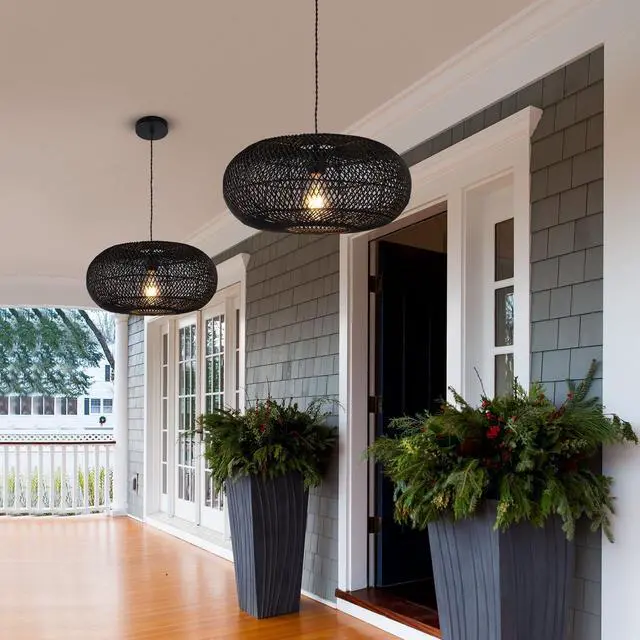 Alt view image 3 of 7 - Rattan Pendant Light 15.75" 1-Light Hand-Woven Bamboo Rattan Hanging Lamp Large Globe Wicker Chandelier Modern Bohemian Adjustable Pendant Lamp for Kitchen Island Farmhouse Outdoor Porch Black.