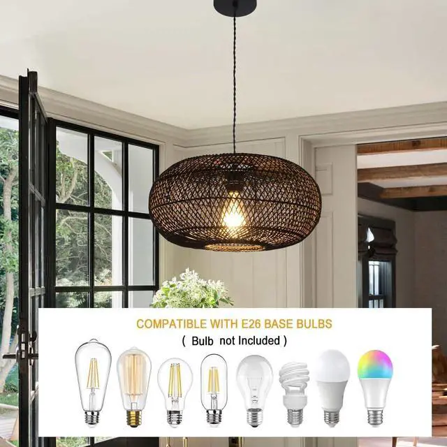 Alt view image 4 of 7 - Rattan Pendant Light 15.75" 1-Light Hand-Woven Bamboo Rattan Hanging Lamp Large Globe Wicker Chandelier Modern Bohemian Adjustable Pendant Lamp for Kitchen Island Farmhouse Outdoor Porch Black.