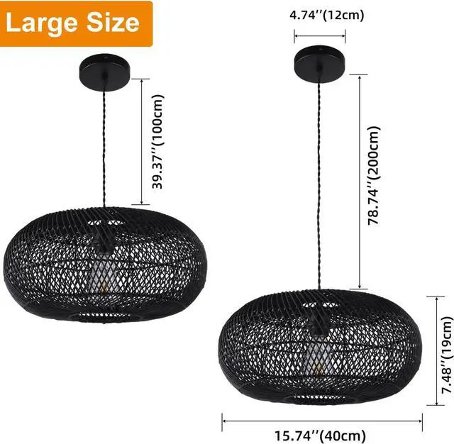 Alt view image 5 of 7 - Rattan Pendant Light 15.75" 1-Light Hand-Woven Bamboo Rattan Hanging Lamp Large Globe Wicker Chandelier Modern Bohemian Adjustable Pendant Lamp for Kitchen Island Farmhouse Outdoor Porch Black.
