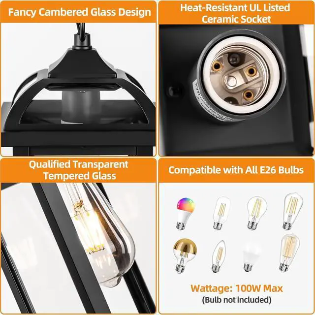 Alt view image 7 of 7 - Large Outdoor Pendant Light Fixture Ceiling 16 Inch, Anti-Rust Aluminum Outdoor Chandelier for Porch with IP65 Waterproof Clear Glass Exterior Ceiling Mount Hanging Light, Matte Black