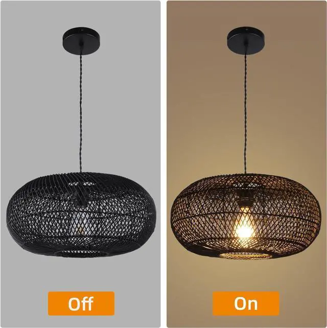 Alt view image 6 of 7 - Rattan Pendant Light 15.75" 1-Light Hand-Woven Bamboo Rattan Hanging Lamp Large Globe Wicker Chandelier Modern Bohemian Adjustable Pendant Lamp for Kitchen Island Farmhouse Outdoor Porch Black.