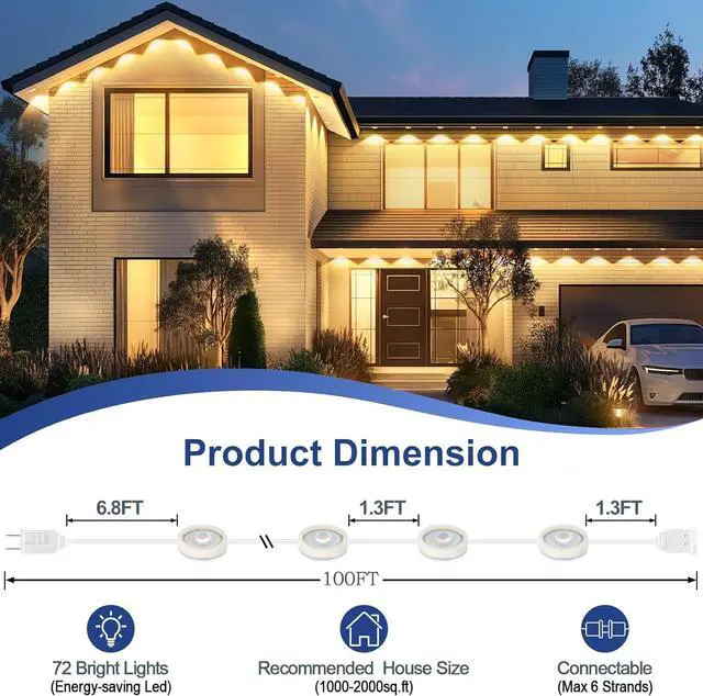 Alt view image 2 of 7 - Brightever Permanent Outdoor Lights, Upgraded Warm White Outdoor Light 100FT with 72 LED Lighting, IP65 Waterproof Eaves Lights for Daily, Garden, TV Backlights, Christmas Decor, Dimmable