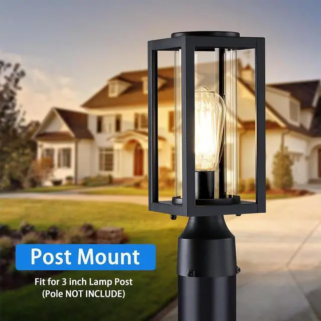 Alt view image 3 of 7 - 13'' Outdoor Post Lights Lamp Post Light Fixture 2 Packs, Modern Black Exterior Post Lantern Fixture with Tempered Glass, Anti-Rust Light Posts for Outside for Driveway Patio Garden Pathway