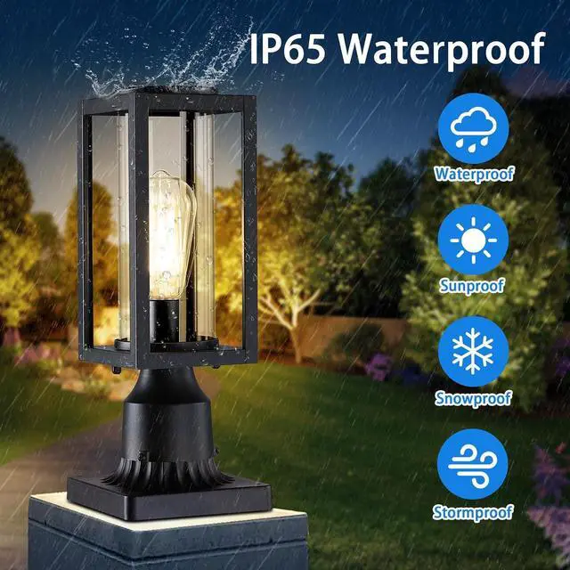 Alt view image 4 of 7 - 13'' Outdoor Post Lights Lamp Post Light Fixture 2 Packs, Modern Black Exterior Post Lantern Fixture with Tempered Glass, Anti-Rust Light Posts for Outside for Driveway Patio Garden Pathway