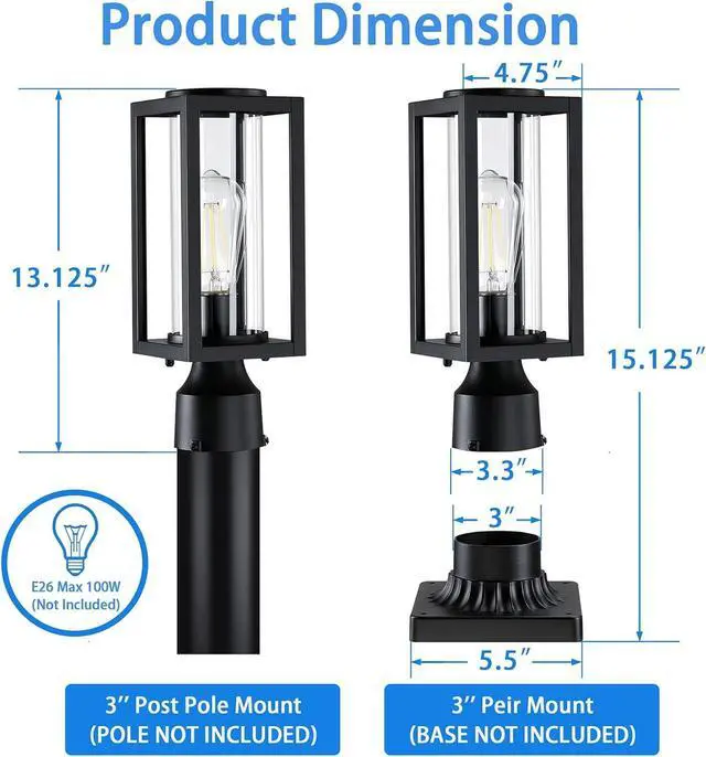 Alt view image 6 of 7 - 13'' Outdoor Post Lights Lamp Post Light Fixture 2 Packs, Modern Black Exterior Post Lantern Fixture with Tempered Glass, Anti-Rust Light Posts for Outside for Driveway Patio Garden Pathway