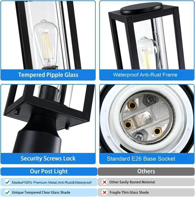 Alt view image 7 of 7 - 13'' Outdoor Post Lights Lamp Post Light Fixture 2 Packs, Modern Black Exterior Post Lantern Fixture with Tempered Glass, Anti-Rust Light Posts for Outside for Driveway Patio Garden Pathway