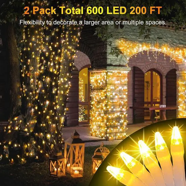 Alt view image 2 of 6 - 2 Pack Total 200FT 600 LED Christmas String Lights, Warm White Fairy Tree Lights Connectable, 8 Modes & Timer Indoor Outdoor String Lights for Bedroom Tree Yard Door Wedding Xmas Classroom Decor