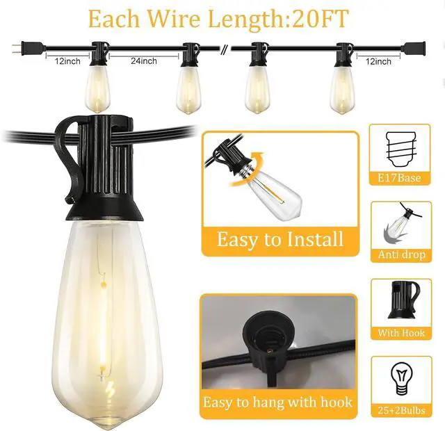 Alt view image 2 of 7 - 20FT LED Outdoor String Lights,Edison Lights Outdoor String with 22 Shatterproof ST40 Vintage Edison Bulbs,Outside Lights Waterproof for Outside Backyard Porch,Garden,Black