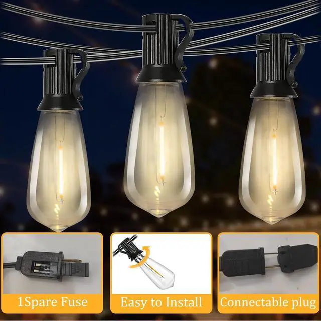 Alt view image 3 of 7 - 20FT LED Outdoor String Lights,Edison Lights Outdoor String with 22 Shatterproof ST40 Vintage Edison Bulbs,Outside Lights Waterproof for Outside Backyard Porch,Garden,Black