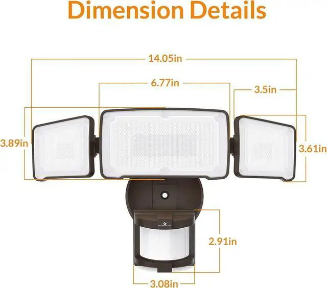 Alt view image 7 of 7 - GLORIOUS-LITE LED Security Lights Motion Sensor Outdoor Lights, 35W 3500LM Hardwired Led Flood Light Outdoor with 3 Adjustable Head, 5500K, IP65 Waterproof for Porch Garage Yard (Not Solar, Brown)