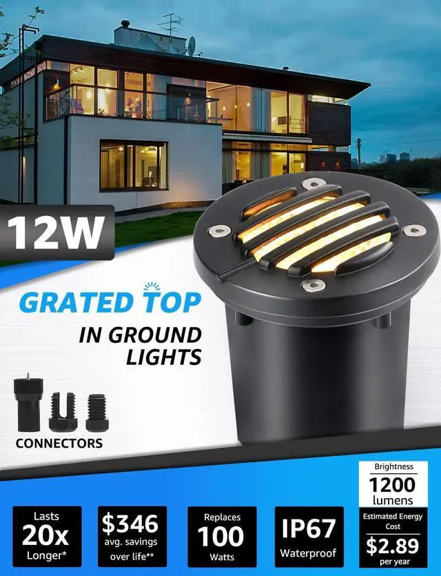 Alt view image 2 of 7 - SUNVIE 12W Low Voltage Landscape Lighting Anti-Glare LED Well Lights(Grated Top) 12V-24V Waterproof Outdoor In-Ground Lights 3000K Landscape Lighting for Garden Yard Pathway 6 Pack with Connectors