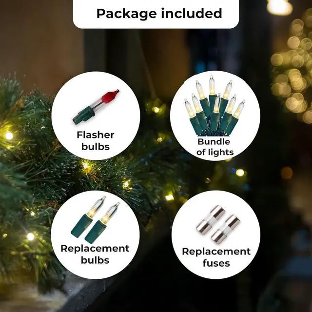 Alt view image 5 of 7 - Christmas LED Lights 100 Warm White String Lights for Indoor and Outdoor Decorative Use, Holiday and Tree Decor, Patio Hanging Lighting Decorations, Green Wire, 26.9 Ft, UL Certified