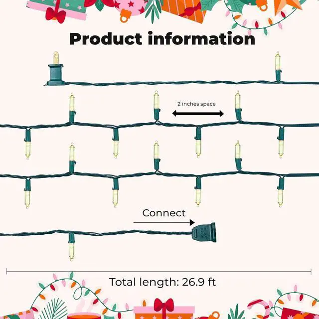 Alt view image 7 of 7 - Christmas LED Lights 100 Warm White String Lights for Indoor and Outdoor Decorative Use, Holiday and Tree Decor, Patio Hanging Lighting Decorations, Green Wire, 26.9 Ft, UL Certified