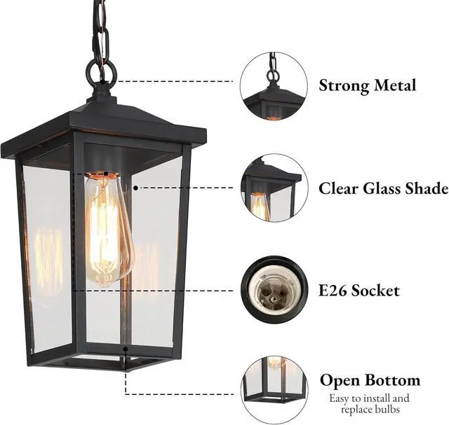 Alt view image 3 of 7 - Outdoor Pendant Light Fixture, Farmhouse Exterior Anti-Rust Hanging Lights with Adjustable Chain, Black Ceiling Outdoor Light with Clear Glass, Hanging Lantern for Front Door, Entry, Porch, and Gazebo