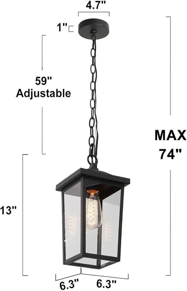 Alt view image 6 of 7 - Outdoor Pendant Light Fixture, Farmhouse Exterior Anti-Rust Hanging Lights with Adjustable Chain, Black Ceiling Outdoor Light with Clear Glass, Hanging Lantern for Front Door, Entry, Porch, and Gazebo