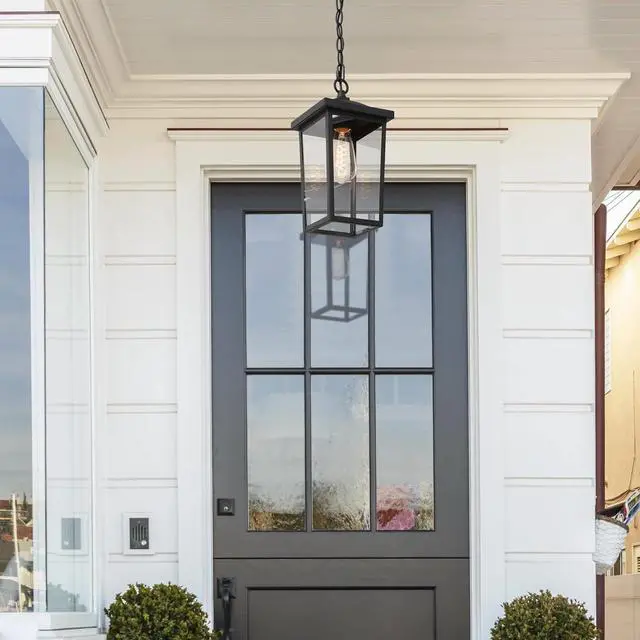 Alt view image 7 of 7 - Outdoor Pendant Light Fixture, Farmhouse Exterior Anti-Rust Hanging Lights with Adjustable Chain, Black Ceiling Outdoor Light with Clear Glass, Hanging Lantern for Front Door, Entry, Porch, and Gazebo