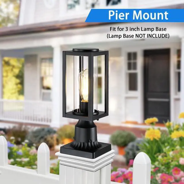 Alt view image 2 of 7 - 13'' Outdoor Post Lights Lamp Post Light Fixture 2 Packs, Modern Black Exterior Post Lantern Fixture with Tempered Glass, Anti-Rust Light Posts for Outside for Driveway Patio Garden Pathway