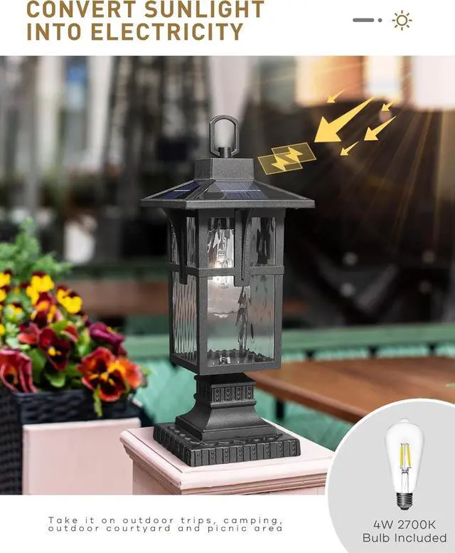 Alt view image 4 of 7 - Solar Post Lights Outdoor, HWH Exterior Lamp Post Light Fixture Waterproof Pier Mount Light with Water Ripple Glass Patio Garden, 5HX62P-ML SL BK