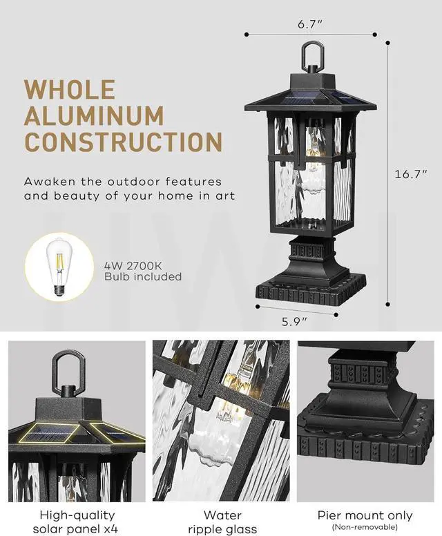 Alt view image 2 of 7 - Solar Post Lights Outdoor, HWH Exterior Lamp Post Light Fixture Waterproof Pier Mount Light with Water Ripple Glass Patio Garden, 5HX62P-ML SL BK