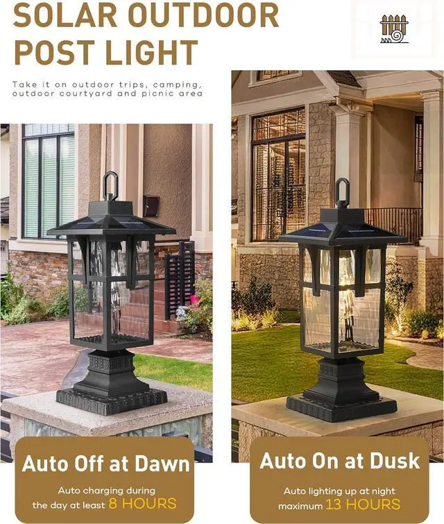 Alt view image 5 of 7 - Solar Post Lights Outdoor, HWH Exterior Lamp Post Light Fixture Waterproof Pier Mount Light with Water Ripple Glass Patio Garden, 5HX62P-ML SL BK