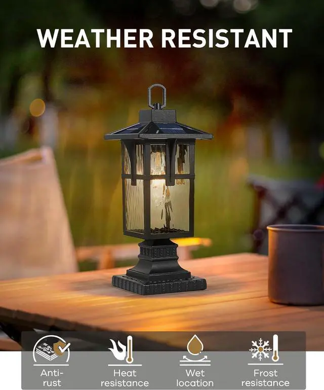 Alt view image 7 of 7 - Solar Post Lights Outdoor, HWH Exterior Lamp Post Light Fixture Waterproof Pier Mount Light with Water Ripple Glass Patio Garden, 5HX62P-ML SL BK
