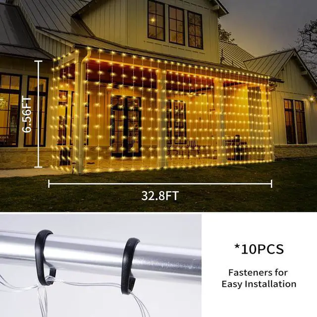 Alt view image 3 of 7 - 32.8 * 6.56FT Large Size Solar Curtain Lights Outdoor, 8 Modes Outdoor Curtain String Light, Solar Garden Christmas Lights Decortions for Patio, Gazebo, Eaves, Fence, Tree, Porch (Warm White)