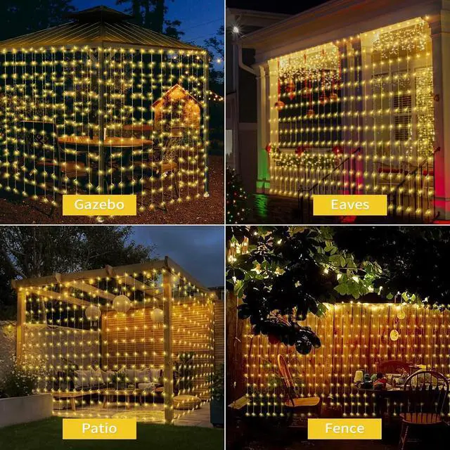 Alt view image 4 of 7 - 32.8 * 6.56FT Large Size Solar Curtain Lights Outdoor, 8 Modes Outdoor Curtain String Light, Solar Garden Christmas Lights Decortions for Patio, Gazebo, Eaves, Fence, Tree, Porch (Warm White)