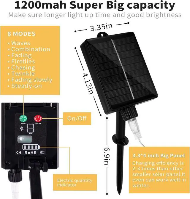 Alt view image 6 of 7 - 32.8 * 6.56FT Large Size Solar Curtain Lights Outdoor, 8 Modes Outdoor Curtain String Light, Solar Garden Christmas Lights Decortions for Patio, Gazebo, Eaves, Fence, Tree, Porch (Warm White)