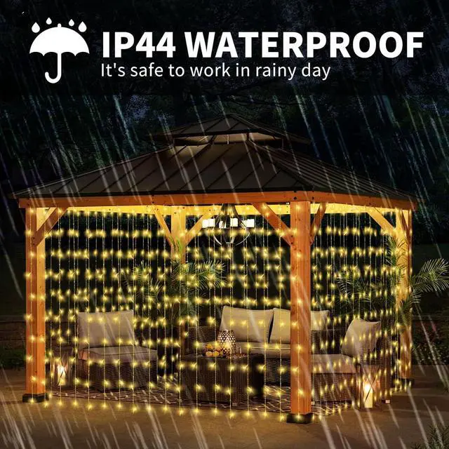 Alt view image 5 of 7 - 32.8 * 6.56FT Large Size Solar Curtain Lights Outdoor, 8 Modes Outdoor Curtain String Light, Solar Garden Christmas Lights Decortions for Patio, Gazebo, Eaves, Fence, Tree, Porch (Warm White)