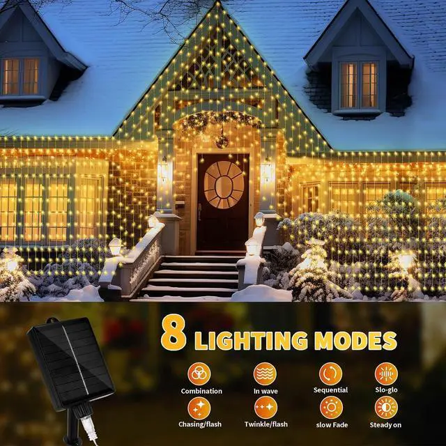 Alt view image 7 of 7 - 32.8 * 6.56FT Large Size Solar Curtain Lights Outdoor, 8 Modes Outdoor Curtain String Light, Solar Garden Christmas Lights Decortions for Patio, Gazebo, Eaves, Fence, Tree, Porch (Warm White)
